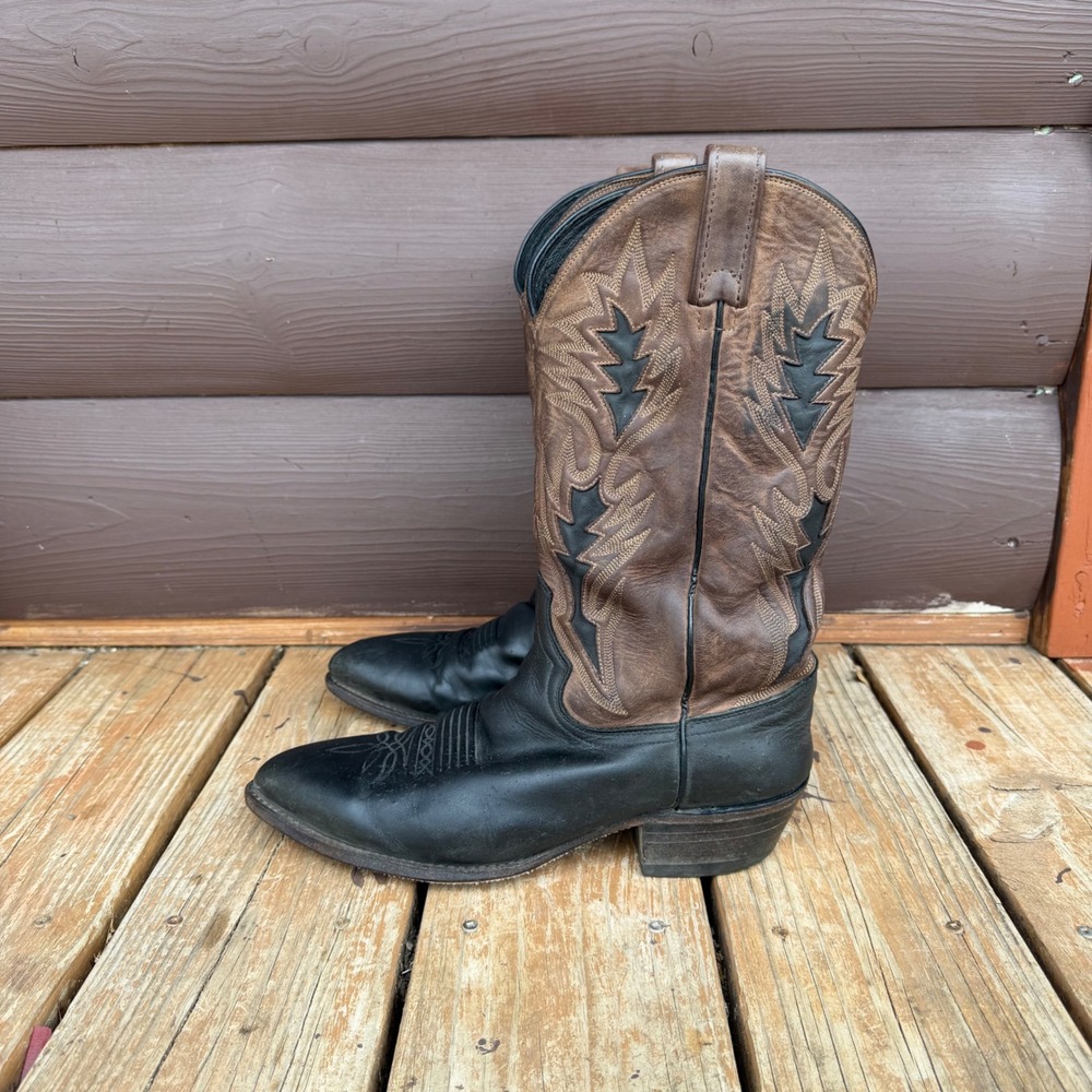 Vintage Dan Post Cowboy Boots Mens 9 EW Black Brown Leather Two Tone Made in USA